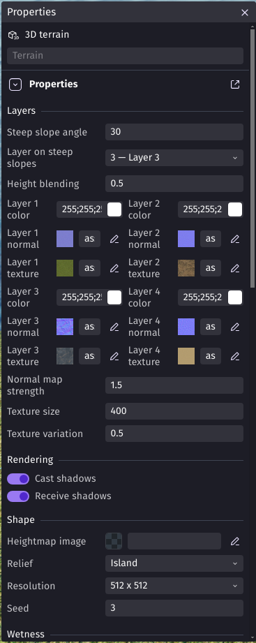 The properties of a 3D terrain: layers, textures, normal maps and shape